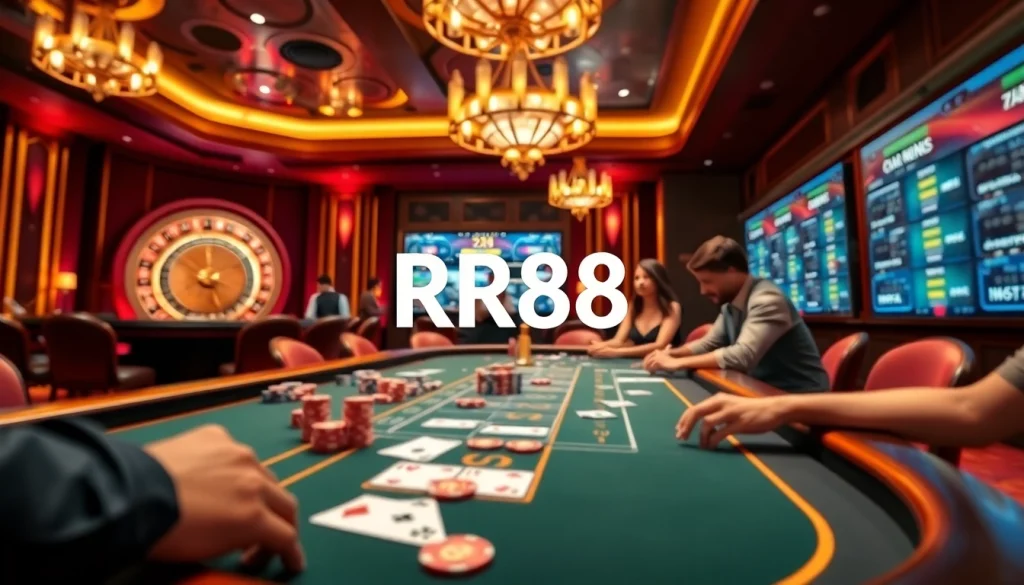 Experience thrilling gaming at RR88 with vibrant casino tables and engaged players.