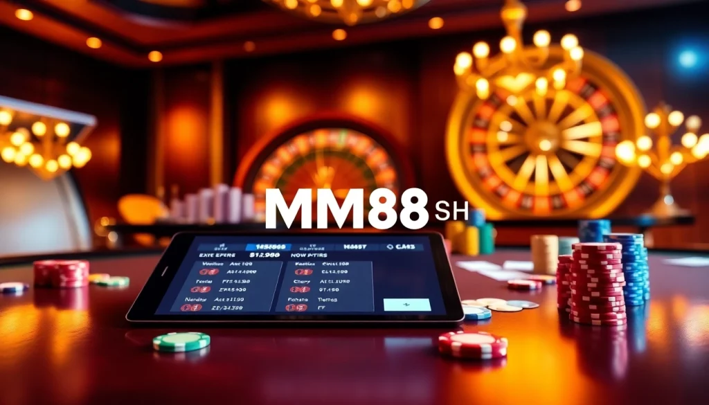 Engaging online casino setting with MM88 SH branding, poker chips, and roulette wheel.