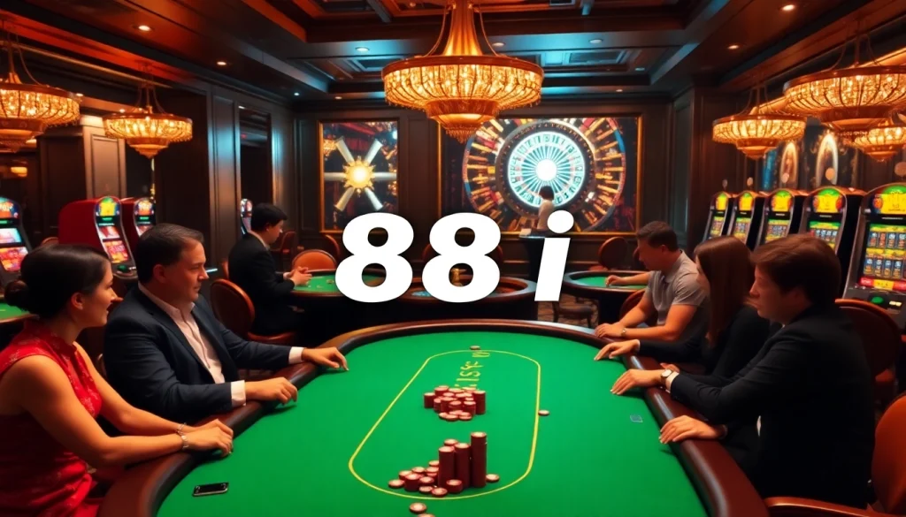 Players competing at poker tables in a luxurious casino with 88i elements and vibrant atmosphere.