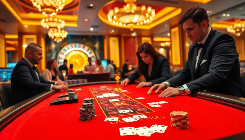 KJC gaming table filled with vibrant chips and cards, embodying thrilling casino excitement.