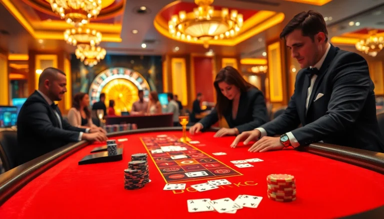 KJC gaming table filled with vibrant chips and cards, embodying thrilling casino excitement.