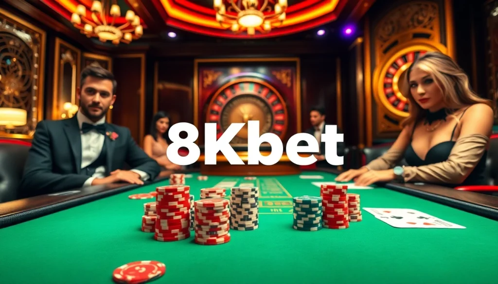 Experience the thrilling luxury of 8kbet with high-stakes poker, vibrant casino environment, and glamorous players.