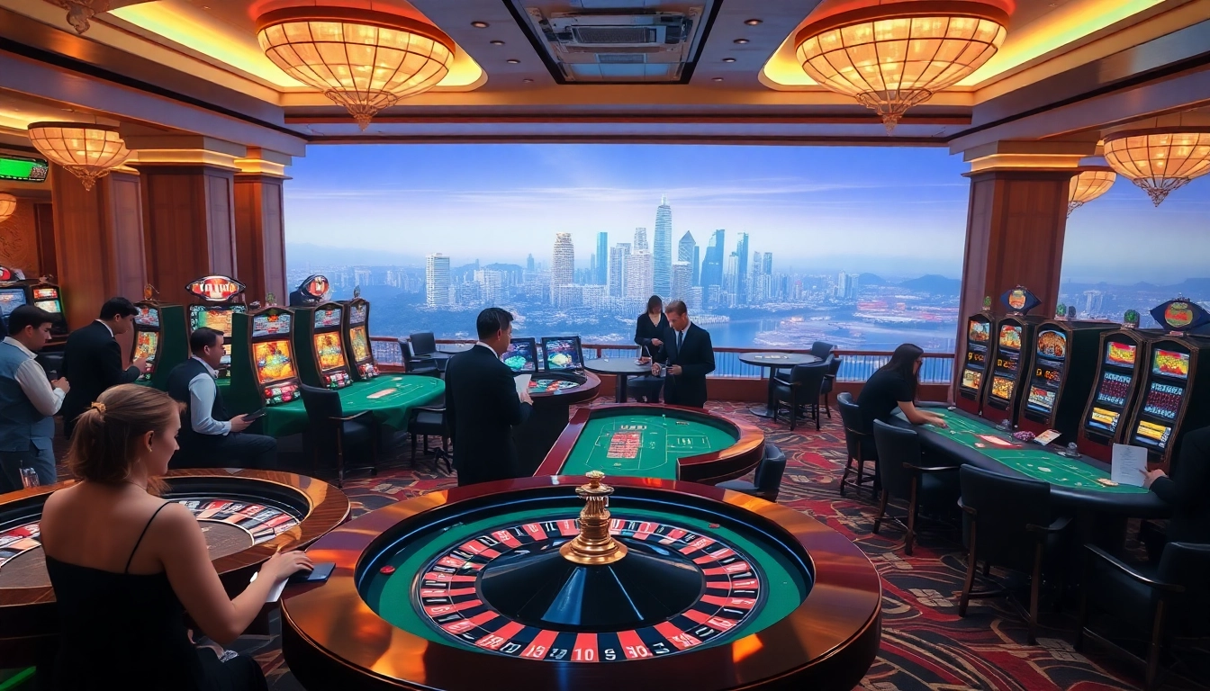 NoHu casino scene with players around roulette and poker tables, showcasing excitement and high stakes.