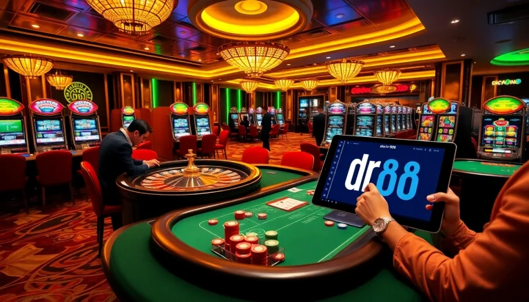 Players winning at a lively casino table featuring dr88 signage and vibrant slot machines.