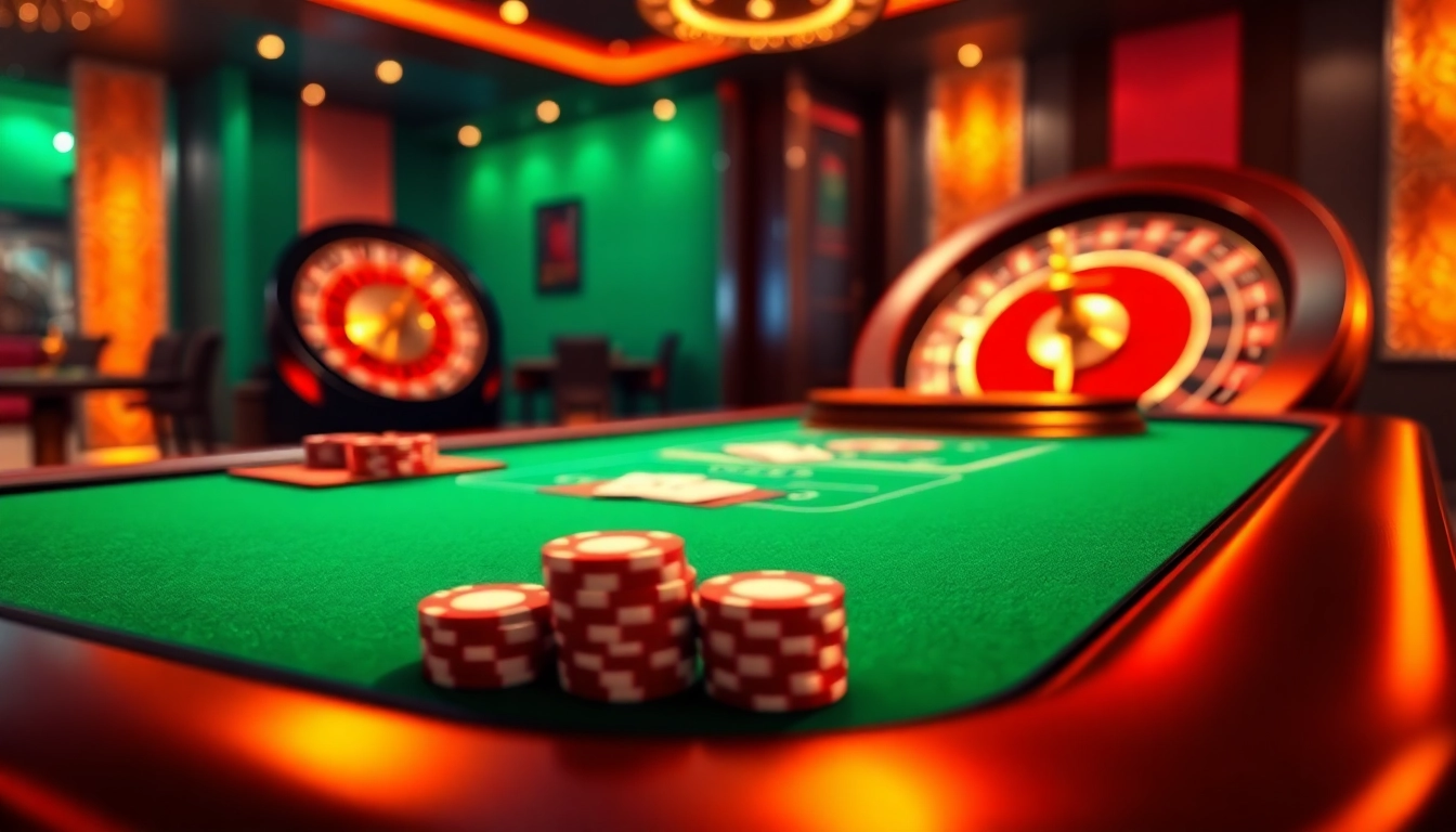 Casino gaming scene showcasing https://88vv.com.de/ with poker chips, cards, and a roulette wheel.