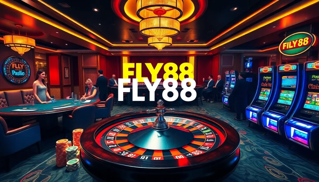 Engaging gamblers at luxurious tables as FLY88-themed games create excitement in a vibrant casino.