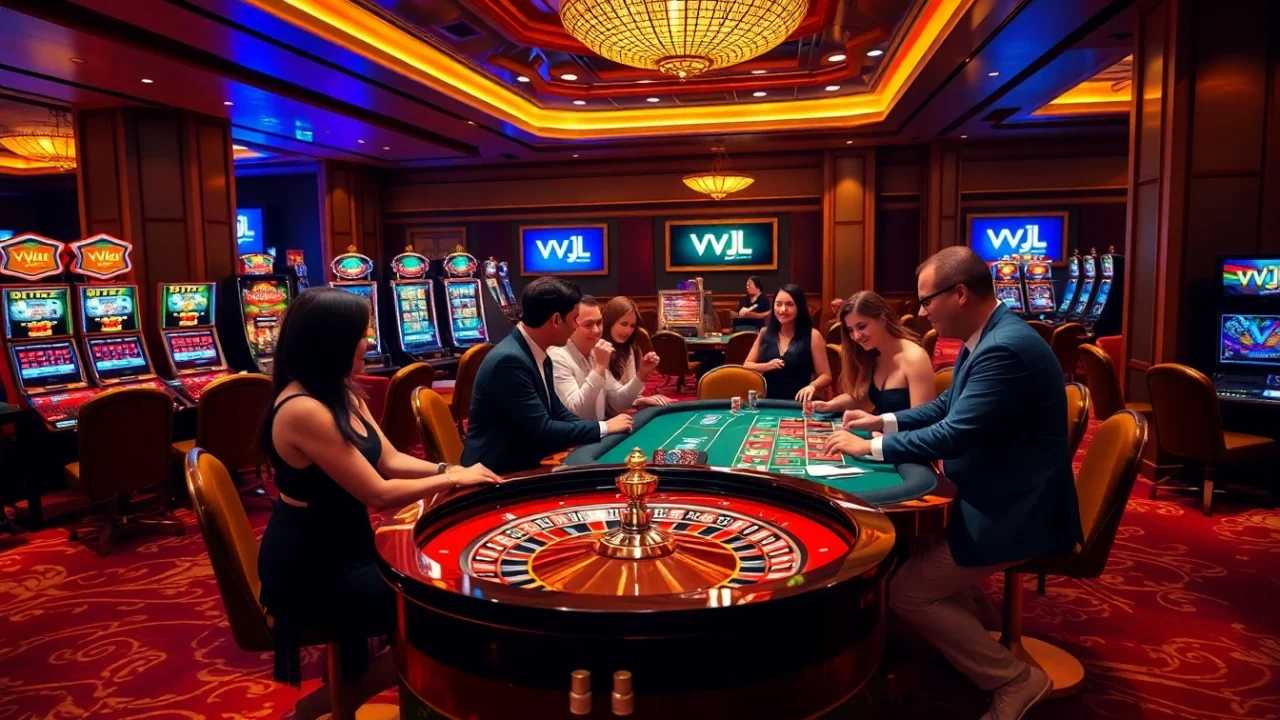 VVJL casino scene with players at tables, vibrant atmosphere full of excitement.