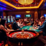 VVJL casino scene with players at tables, vibrant atmosphere full of excitement.