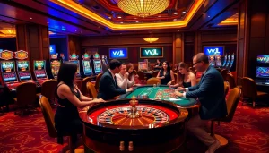 VVJL casino scene with players at tables, vibrant atmosphere full of excitement.