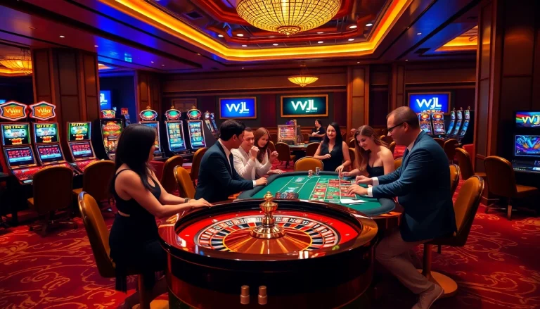 VVJL casino scene with players at tables, vibrant atmosphere full of excitement.