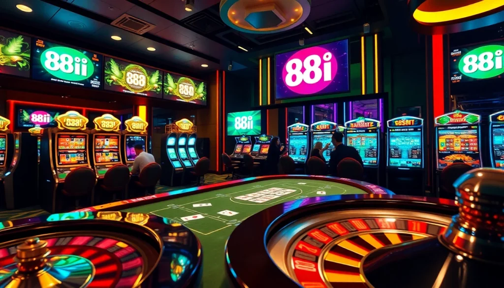 Experience the thrill of 88i game at a luxurious casino with engaged players, vibrant slots, and an exciting roulette wheel.