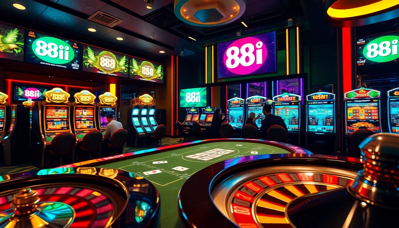 Experience the thrill of 88i game at a luxurious casino with engaged players, vibrant slots, and an exciting roulette wheel.