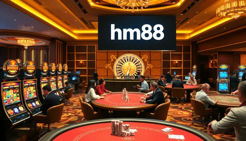Players enjoying a thrilling game at a luxurious casino, featuring hm88 tables and vibrant slot machines.