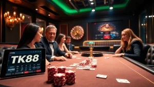 TK88 poker night with high-stakes chips and a thrilling dealer interaction.