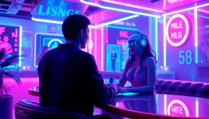 Immersive NSFW character AI interaction in a vibrant digital lounge with holographic characters.