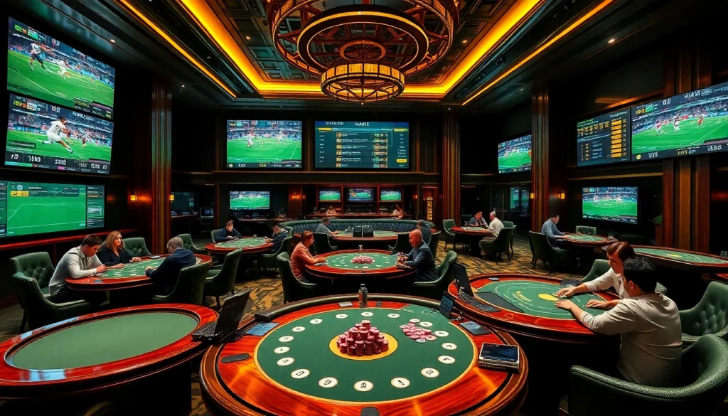 Kèo Bóng Đá betting excitement in a luxurious casino setting with poker chips and live match displays.