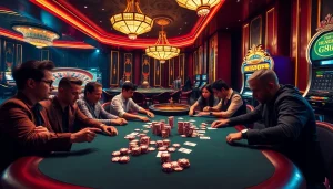 Players engaged in intense gameplay at a gg88-branded luxury casino poker table.