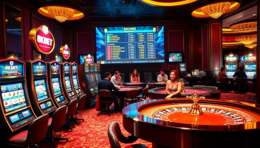 Engaging gamblers at the luxurious 8kbet casino with vibrant gaming tables and slots.