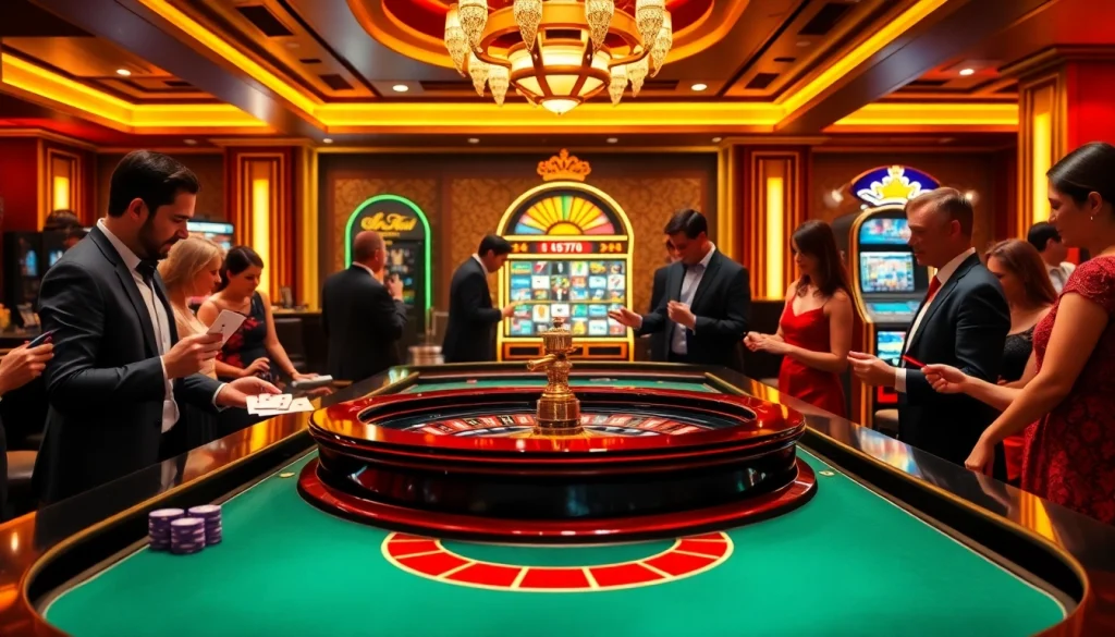 Gamblers engaging in thrilling action at a luxurious casino scene featuring 6L777-based games.