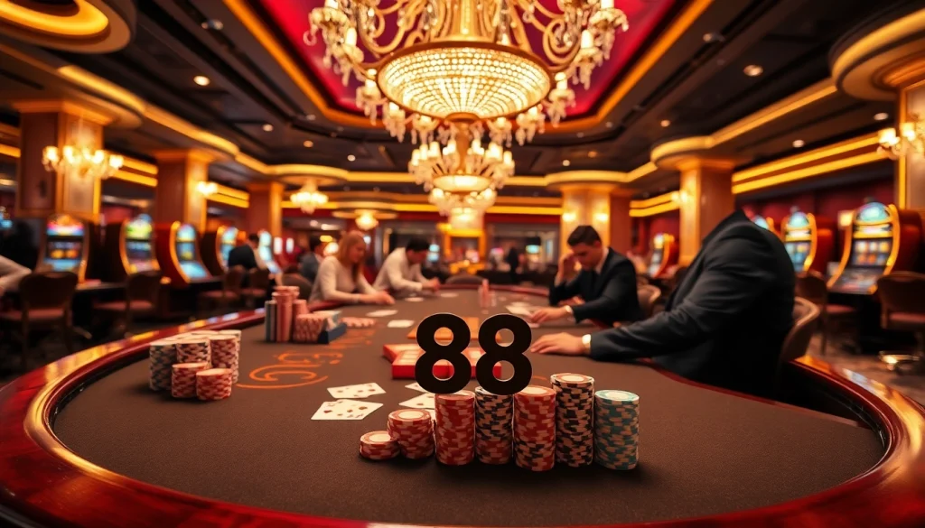 Gambling excitement at a blackjack table featuring 88i poker cards among colorful stacks.