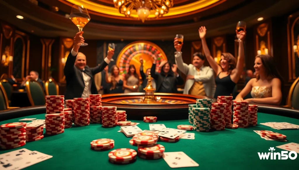 Experience the excitement of win55 at a luxurious casino poker table with vibrant chips and cards.