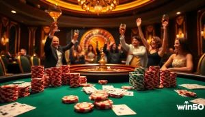 Experience the excitement of win55 at a luxurious casino poker table with vibrant chips and cards.