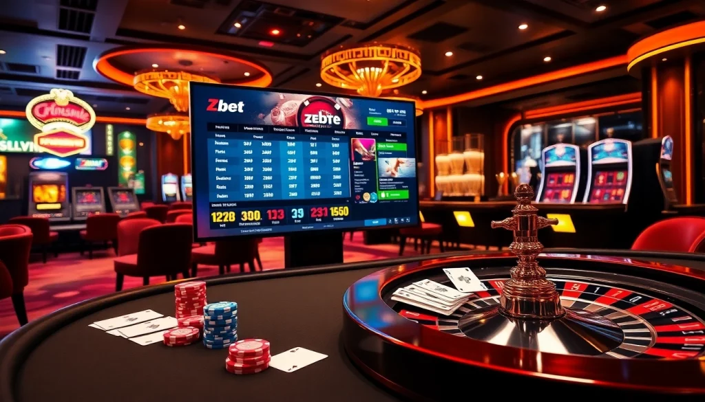 Zbet online gambling interface with luxurious poker table and roulette wheel