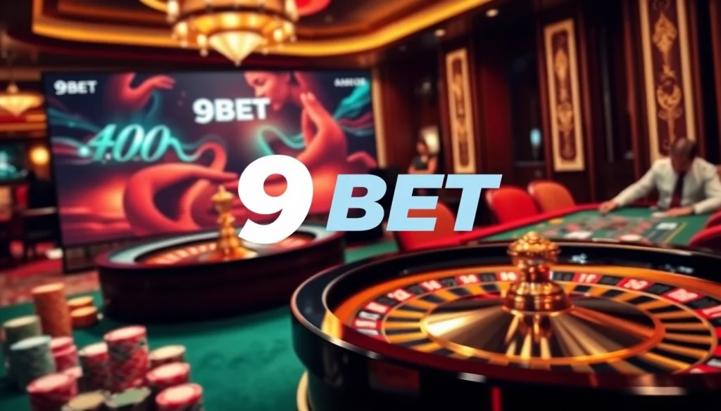 Engaging scene showcasing 9BET's online casino experience with poker and roulette elements.
