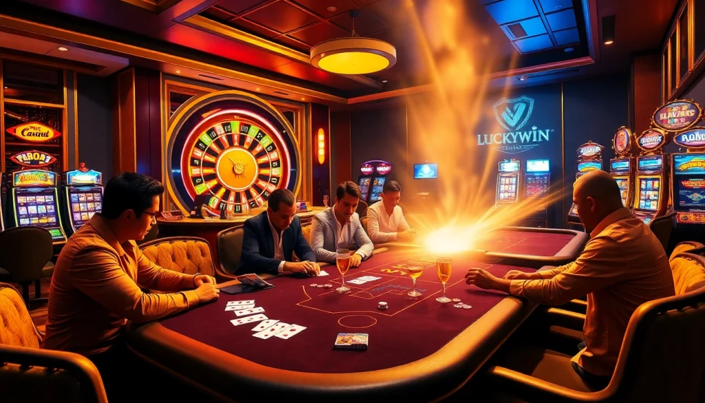 Experience LUCKYWIN at an exciting casino table with poker action and vibrant slot machines.