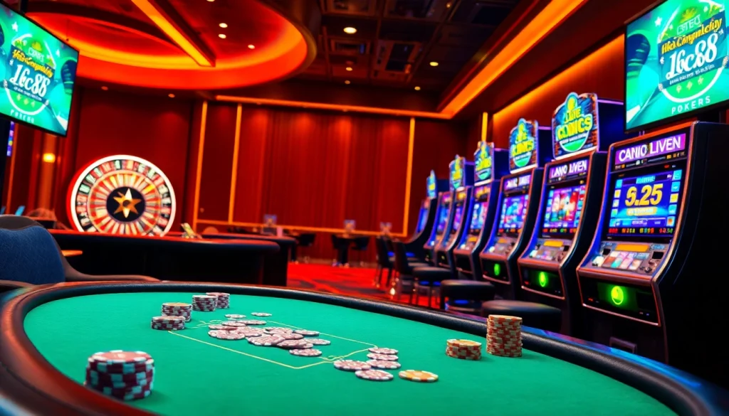 Lc88 hiện đang mở, showcasing an exciting casino with poker tables, roulette wheels, and vibrant slot machines.