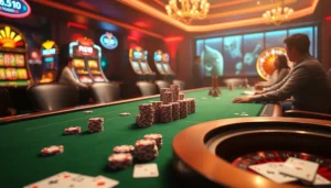 Experience thrilling casino gameplay with dh88 poker chips and a vibrant roulette wheel.
