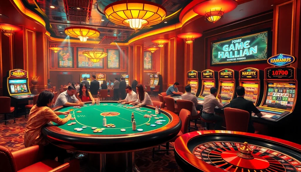 Engage in game bài at a luxurious casino with glowing slot machines and an exciting poker table.