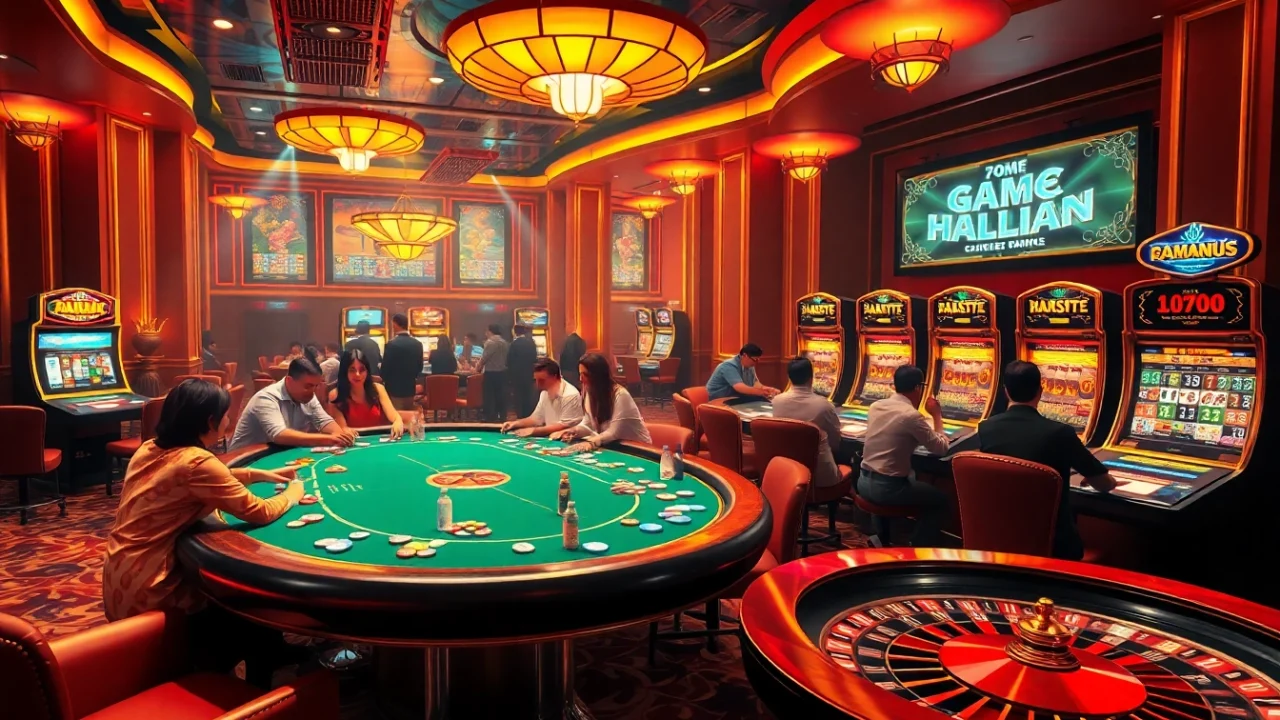 Engage in game bài at a luxurious casino with glowing slot machines and an exciting poker table.