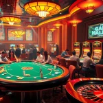 Engage in game bài at a luxurious casino with glowing slot machines and an exciting poker table.