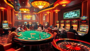 Engage in game bài at a luxurious casino with glowing slot machines and an exciting poker table.