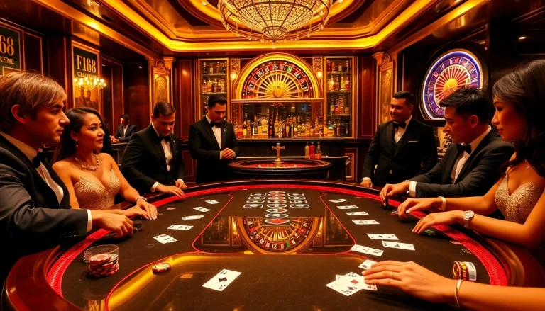 Players strategizing and betting at a high-stakes poker table in a luxurious F168 casino environment.