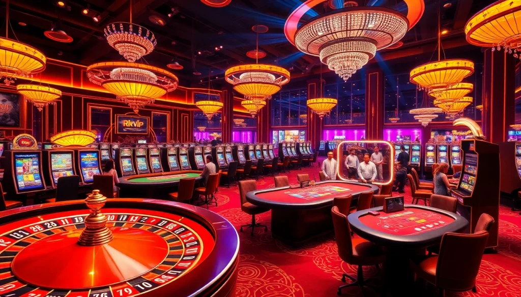 Players enjoying thrilling RIKVIP games at a luxurious casino.