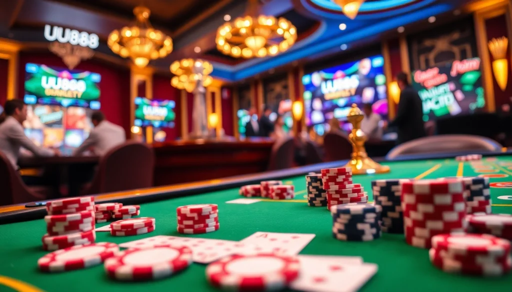 UU88 players enjoying a thrilling casino experience with vibrant poker chips and cards.