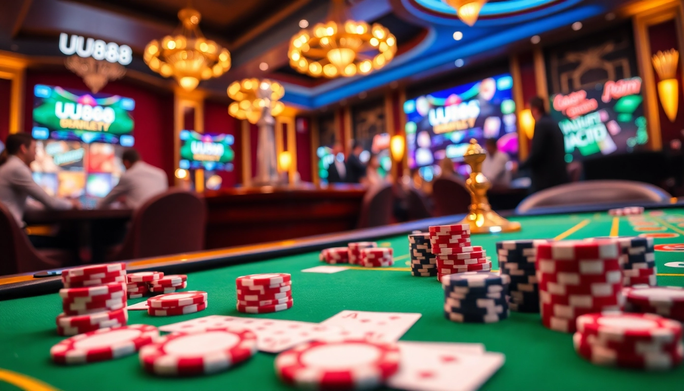 UU88 players enjoying a thrilling casino experience with vibrant poker chips and cards.
