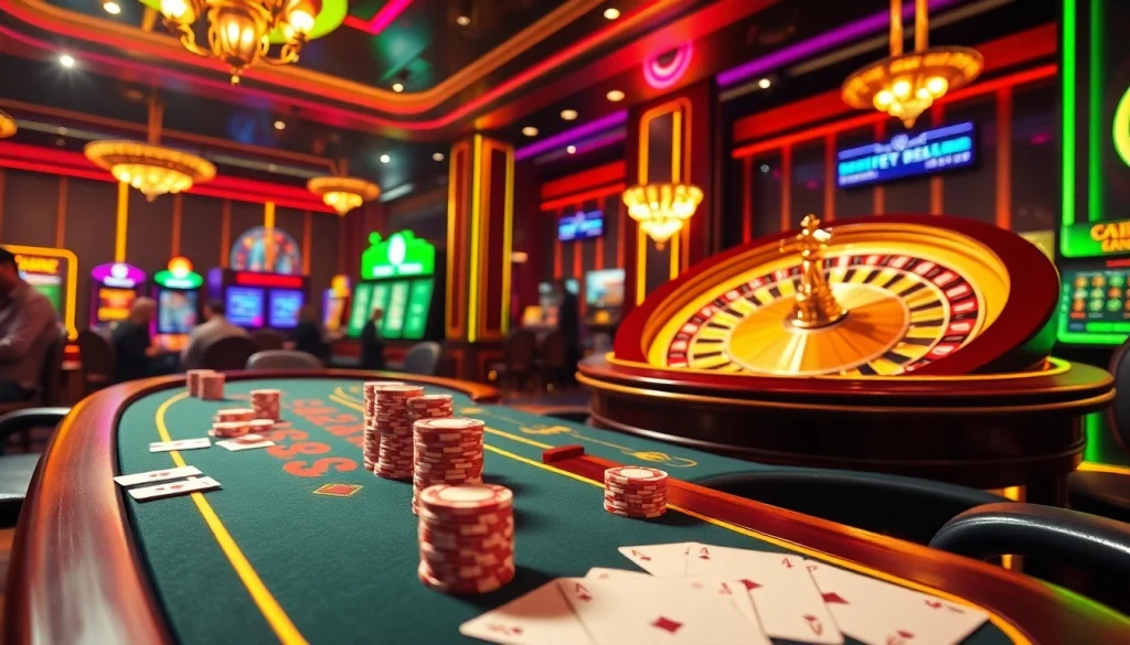 Experience the thrill of betting at https://vj88.com/ with elegant poker tables and vibrant casino elements.