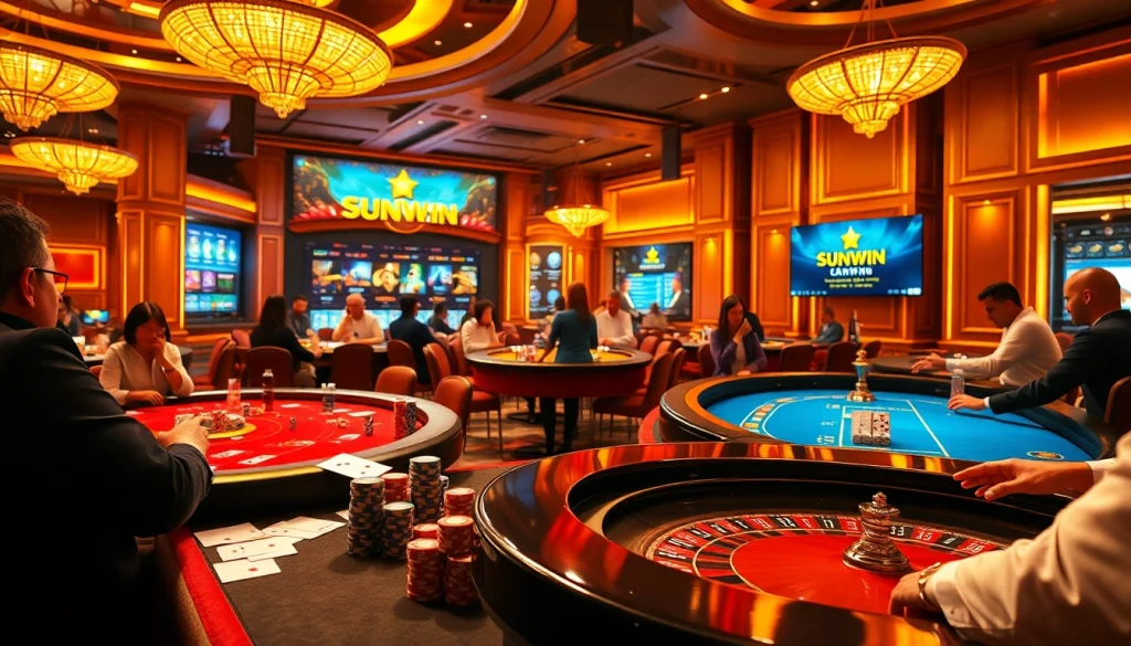 SUNWIN casino scene with players engaged at tables, showcasing excitement and high-stakes games.
