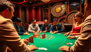 Excited players enjoying a poker game at a luxury casino table featuring SUNWIN branding elements.