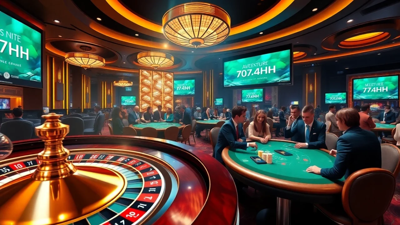 Real players celebrating their wins with 7HH at a luxurious poker table in a vibrant casino.