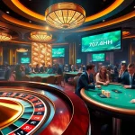 Real players celebrating their wins with 7HH at a luxurious poker table in a vibrant casino.