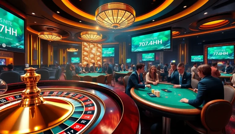 Real players celebrating their wins with 7HH at a luxurious poker table in a vibrant casino.