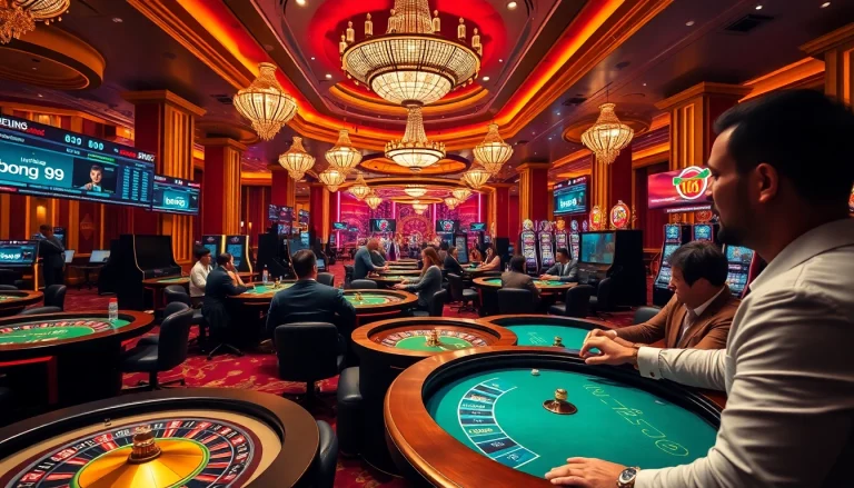 Bong99 players engaging in exciting online betting at a luxurious casino.