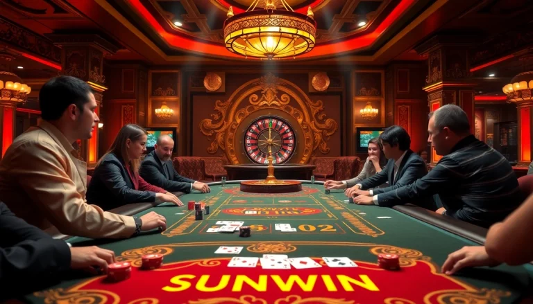Players enjoying a thrilling game at a SUNWIN casino table with vibrant decor and luxury.