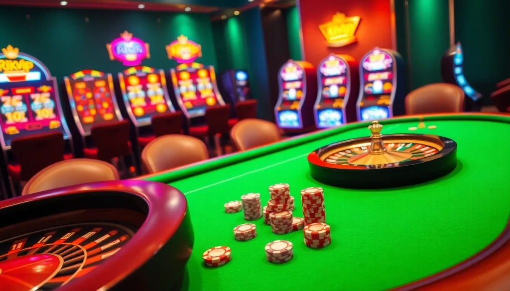 Players enjoying a thrilling game at Rikvip casino, showcasing excitement and luxury.