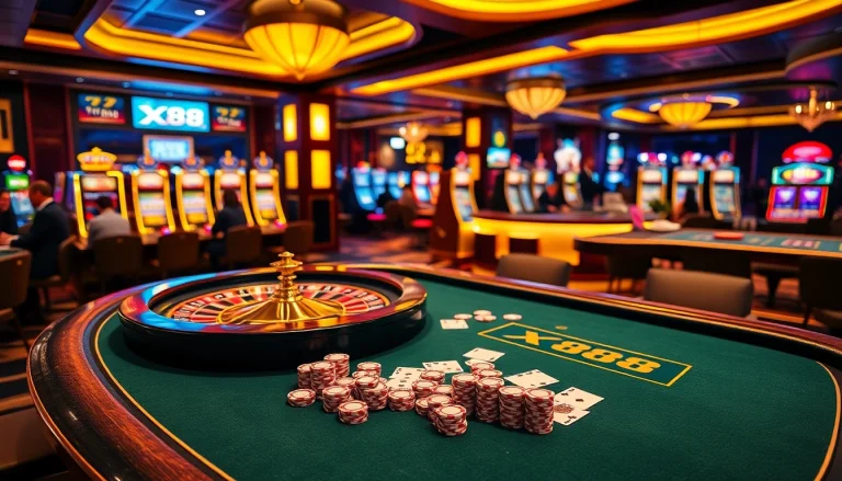 X88 branded poker table with chips and cards set in an elegant casino ambiance.