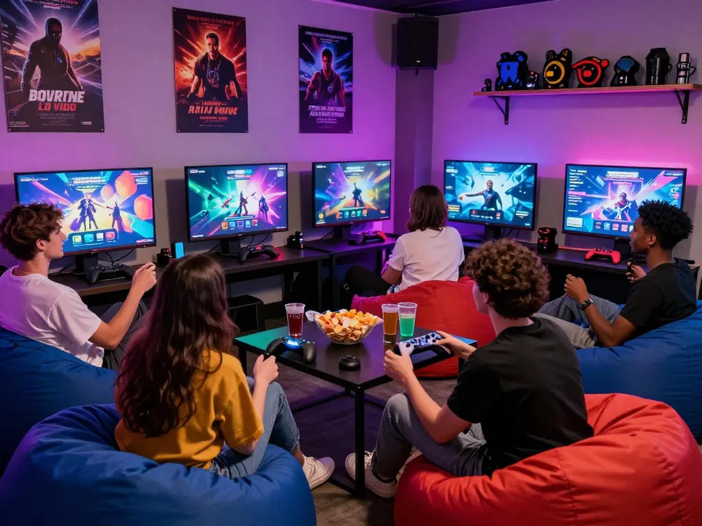 Friends enjoying free porn games together in a vibrant gaming lounge atmosphere.